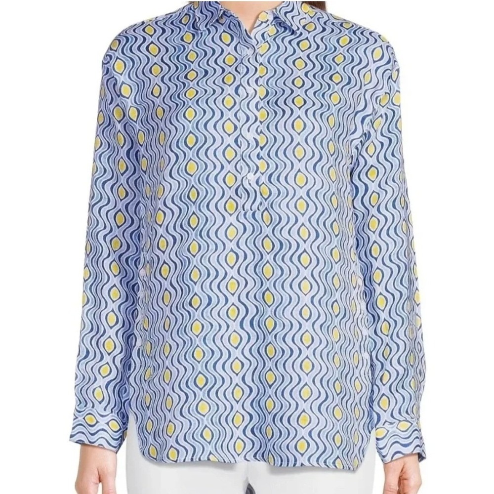 J.McLaughlin Fallon Tunic Blouse Medium Blue Costa Key Print Linen Geometric Top